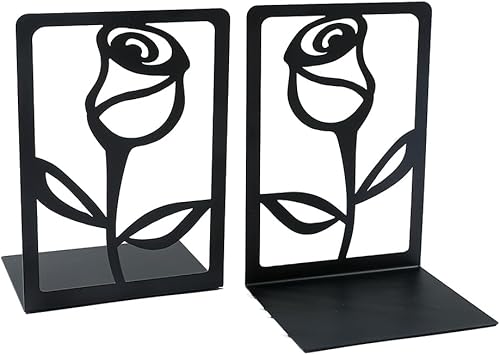 Creative Rose Flower Metal Bookends -Used for Heavy Book Organization, Black L S