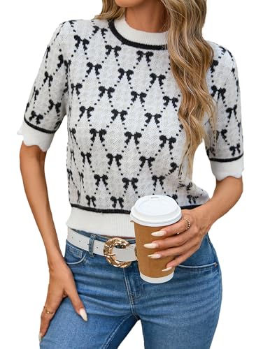 Women's Casual Crewneck Knit Bow Print Crop Short Sleeve Sweater Spring 2025 Cute Lightweight Pullover Sweater