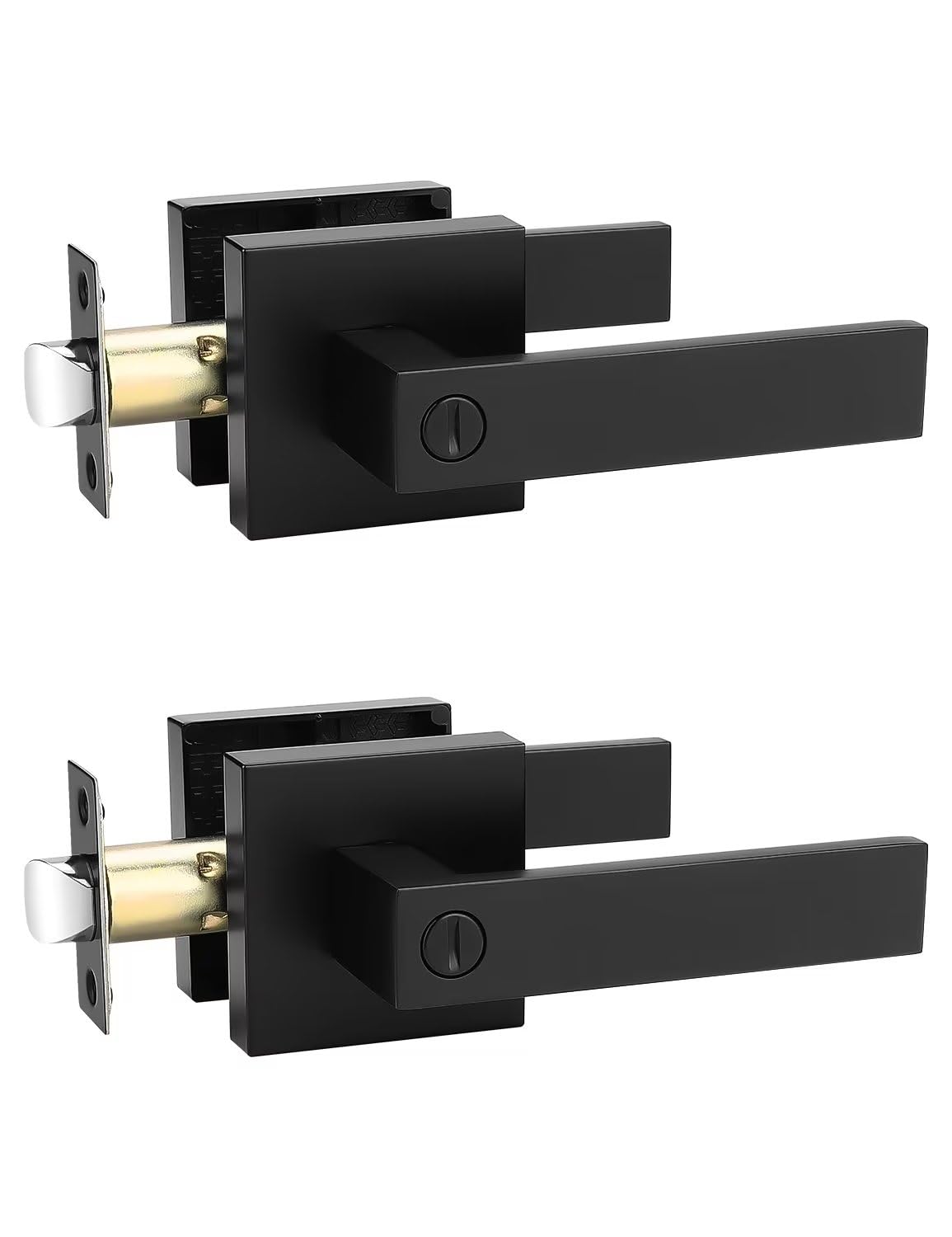 Tinewa 2 Pack Square Privacy Door Levers Locksets in Matte Black Finish, Bed/Bath Door Levers Keyless Interior Handles,Reversible for Left Right Handed Doors