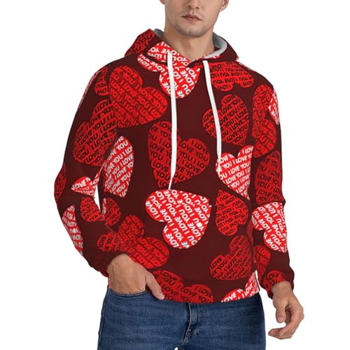 Sweat à capuche en polaire imprimé cœurs rouges pour hommes au style décontracté