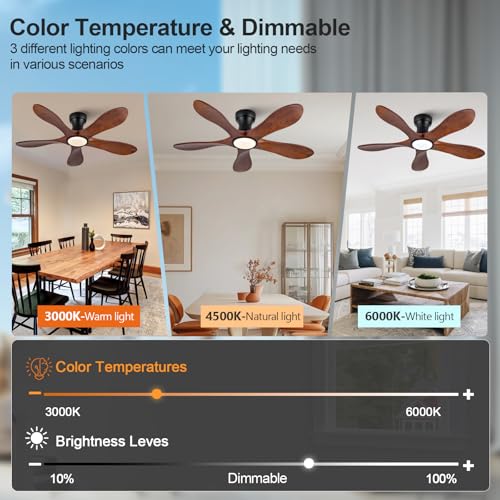 Image of 42 Inch Flush Mount Ceiling Fans with Lights and Remote, Dimmable 5 Blade Wood Outdoor Ceiling Fan Outdoor Fans for Patios Low Profile Modern Ceiling Fan with Light for Bedroom Living Room
