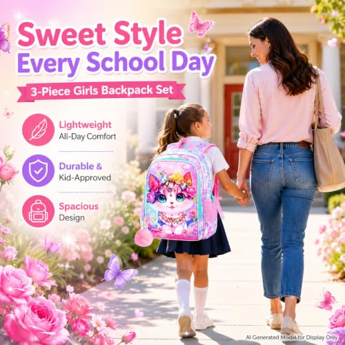 Image of 16 inch Cat Backpack for School, Girls Kids Bookbag with Lunch Box,3Pcs Backpacks for Elementary Preschool Kindergarten (Pink)
