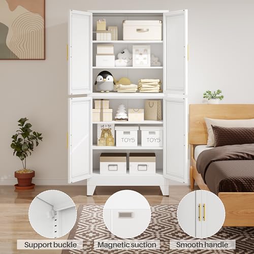 Image of 75 inch Tall Kitchen Pantry Cabinet, White Metal Pantry Storage | Storage Cabinet with Doors and 3 Adjustable Shelves, Steel Storage, Bathroom cabinets Organizer, Cupboard for Home, Office