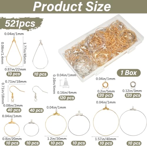 SOFPLATE 520pcs Hoop Earrings Findings Beading Hoop Earring Supplies Brass Golden Silver Waterdrop Round Shaped Ear Kits with Open Jump Rings for Women jewellery Making Components Crafting Findings - Image 2