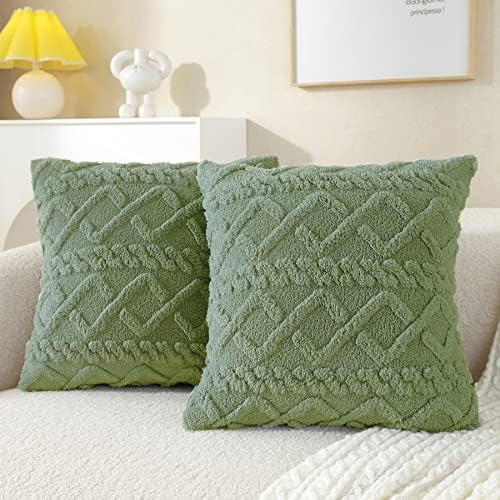 FTROML Set of 2 Decorative Faux Wool Throw Pillow Covers Soft Plush Fuzzy Short Fleece Square Patterned Cushion Cases Pillowcases Couch Covers for Sofa Bedroom (Sage, 18 x 18-Inch)