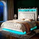 Homkdom Floating Bed Frame Queen with LED Lights & Charging Station, Upholstered Platform Bed with Velvet Storage Headboard, Heavy Duty Metal Slats/No Box Spring Needed/Noise Free/Easy Assembly, Beige