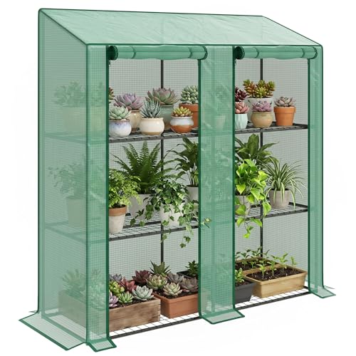Outsunny Invernadero de Jardín de 3 Niveles Invernadero de Terraza con Estantes Techo Inclinado y 2 Puertas con Cremallera para Cultivo de Plantas en Patio 143x46x141/151 cm Verde