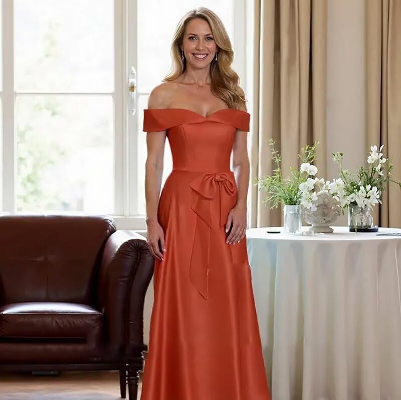 Satin Mother of Bride Dresses for Women Off The Shoulder Tea Length Formal Wedding Guest Dress with Bow3