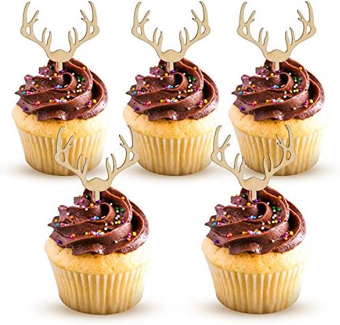 AUMIO Deer Cupcake Toppers Wooden Baby Shower Woodland Antler Cake Picks Party Decorations Wedding Hunting Boho Rustic Country Birthday Party Supplies Set of 24
