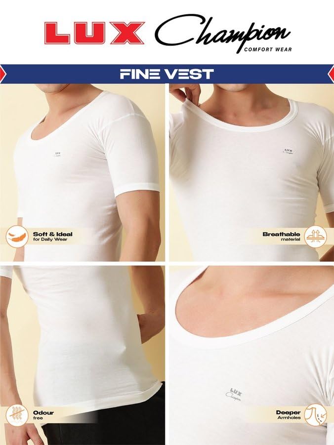 Image of Lux Champion Men's Cotton Vest RNS | 100% Super Combed Cotton | Round Neck, Half Sleeves, Breathable, Sweat-Absorbent Comfortable Lux Vest for Daily Use | Pack of 3