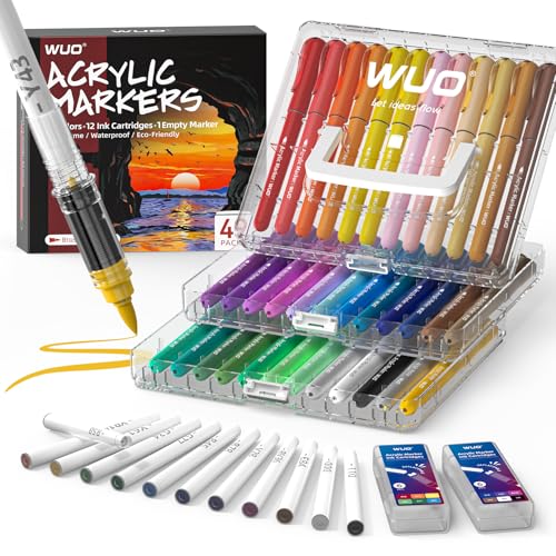 WUO 49 packs Replaceable Acrylic Paint Markers, 36 Colors Acrylic Markers + 12 Replaceable Ink Cartridges & 1 Empty Pen, Automatic Ink Control，Water-Based, No-Bleed, Quick-Dry, Multi-Surface