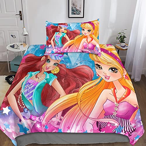 RINISA Housse De Couette Winx Club 3D Motif Imprimé Parure De Lit en Microfibre avec Fermeture Éclai avec Taies d'oreiller 48x75cm Unique（135x200cm）