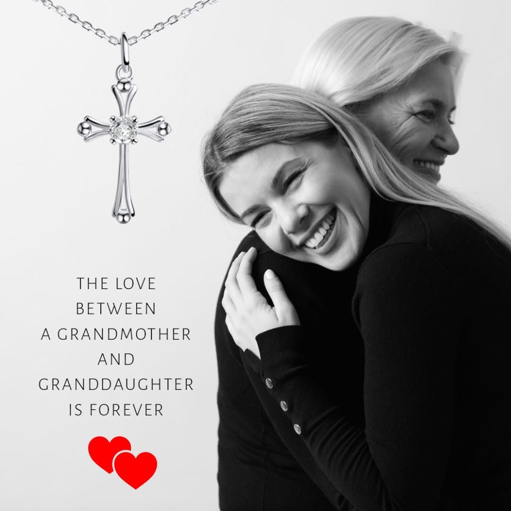 Luv And Gratitude Granddaughter Necklace, Sterling Silver CZ Cross Necklace for Granddaughter
