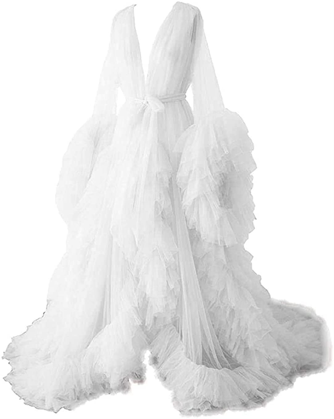 KIYNE White Tulle Maternity Dresses for Photoshoot Pregnancy Dress Long Sleeve Bridal Lingerie Baby Shower Robe UK10