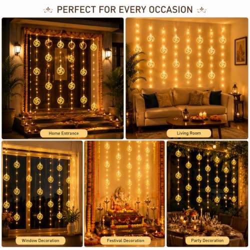Image of MoonlitDreams 10 Swastik LED String Lights, 3 Meter Golden Metallic Decorative Lights for Diwali Decoration, Home, Mandir & Pooja Room, Festive Ambient Lighting (Plug-in)