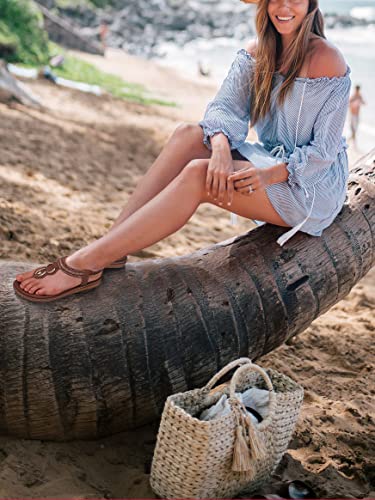 Image of SHIBEVER Flat Sandals for Women Dressy: Comfortable Thong Slip On Sandal | Elastic Ankle Strap Bohemian Women's Flats Shoes - Summer Comfort Flip Flops Open Toe Orthopedic for Walking Casual