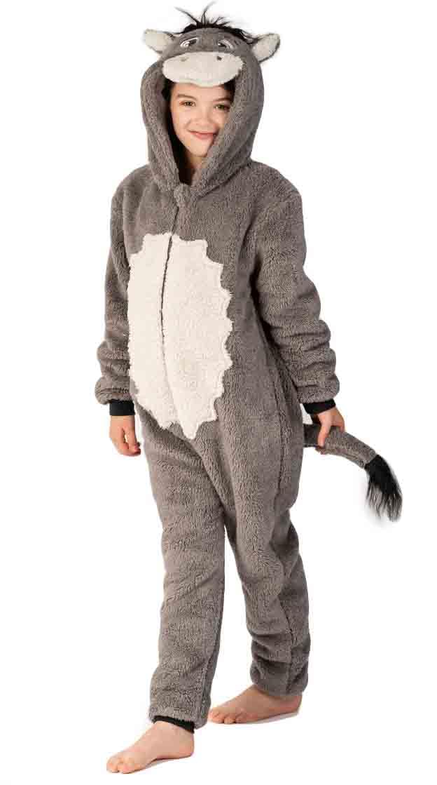 Costume intero da asino per bambini e bambine, in morbido pile, tutto in uno, con coda, taglie da 2 a 13 anni