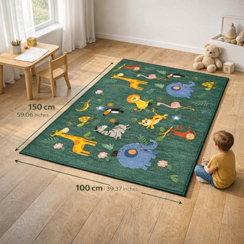 Image of Matz&More Kids Play Area Rug | 100x150 cm | Green Jungle Animal Design| Soft Nylon Loop Pile Carpet with Anti-Slip Backing | Children's Play, Bed & Classroom Floorings