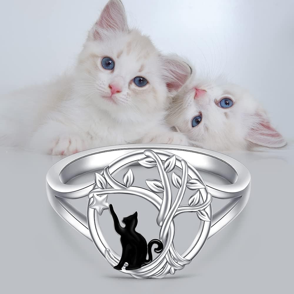 Fenthring Sterling Silver Cat Ring Tree of Life Cat Rings Women Animal Jewelry Birthday Gifts for Her - Image 3