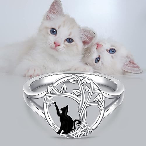 Vista 3 de Anillo de plata de ley con diseño de árbol de la vida, anillos de gato para mujeres, gatos negros y blancos, joyería de regalo de cumpleaños