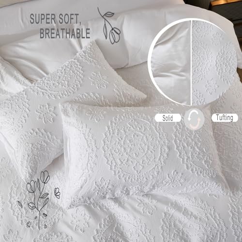 Herside Boho Tufted Duvet Cover Set Super King White Farmhouse Bedding Set Lightweight Circular Tufted Design Vintage Chic Quilt Cover Microfibre Bedding Cover All Season with 2 Pillowcases - Image 6