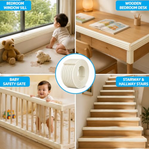Image of ZOMPAGO Beige Foam Edge & Corner Protector Tape, 3 Rolls,0.35 inch Thick x 3.15 inch Wide x 6.56 FT, Strong Adhesive, Baby Proofing for Table Edge, Crib Edge, Sharp Furniture Edge Protection