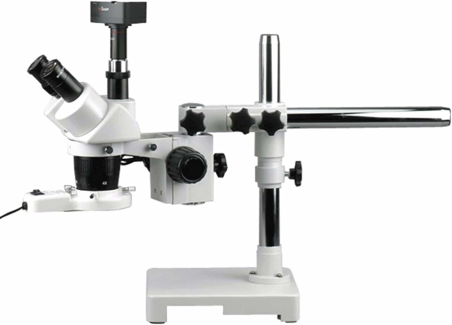 AmScope SW-3T24-FRL-5MT Digital Trinocular Stereo Microscope, WH10x Eyepieces, 20X/40X Magnification, 2X/4X Objective, Single-Arm Boom Stand, 8W Fluorescent Ring Light, 110V-120V, Includes 5MP Camera with Reduction Lens and Software