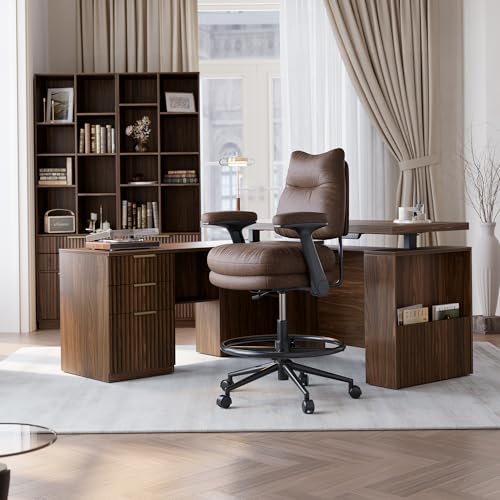 Image of Executive Drafting Chair, Extral Thick Tall Office Chair with Padded Flip-Up Armrests, Mid-Back Cushioned Seat, 360 Swivel Rolling Computer Desk Chair, Vintage Brown