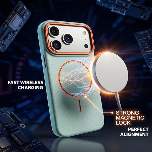 Image of amazon basics Luxury MagSafe Compatible Leather Texture Back Cover for iPhone 17 Pro Max | Raised Camera Protection | Slim Fit Shockproof Case with Metallic Accents (Light Blue)