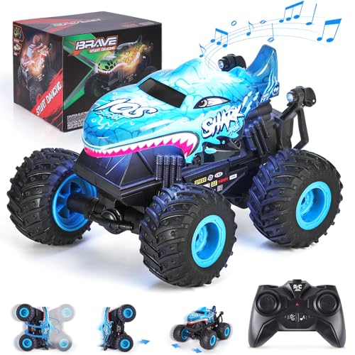 Ltteaoy Remote Control Cars Muteable Monster Truck for Kids 360°Rotating RC Car Toys for 3 Years Old Boys Shark Off-road Stunt Vehicle with Flash Light,Music Boy Girl Gifts for Age 4 5 6
