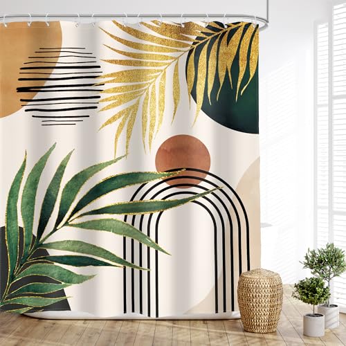 Boho Green Gold Shower Curtain Mid Century Tropical Bathroom Curtain Set