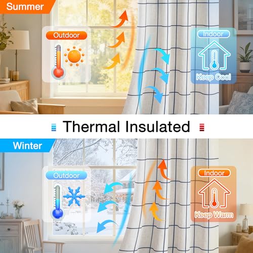 Image of MYSKY HOME 100% Blackout Plaid Linen Ceiling Curtains 102 Inch Long 2 Panels Set Double Layer Farmhouse Thermal Insulated Checkered Print Drapes for Living Room Bedroom, 2 Pcs, 52 inch Wide, Navy Blue