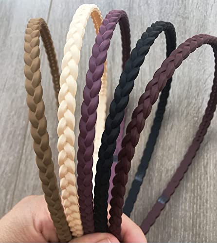Image of Kiyan 12 Pcs Thin Plastic Hair Bands for Women & Girls | 6mm Braided Pigtail Style Headbands with Teeth Comb for Strong Grip | Multicolor Daily Wear Hair Accessories for Kids & Teens