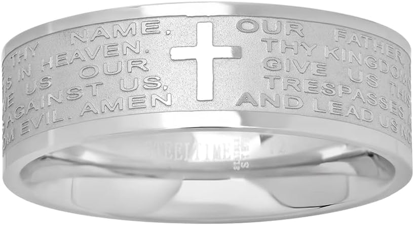 Diamond2Deal Stainless Steel Lords Prayer Cross Religious Comfort-Fit Wedding Band Ring (6-11)