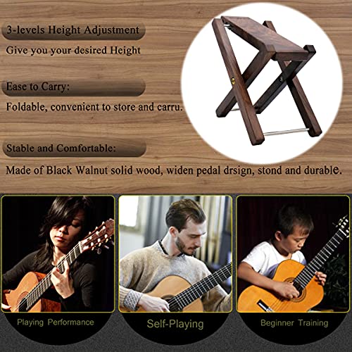 Wood Guitar Footstool, 3-Position Height Adjustable Guitar Foot Rest/Solid Wood Folding Footstool,Pedal Black Walnut (Guitar Pedal Black Walnut) #TOP2