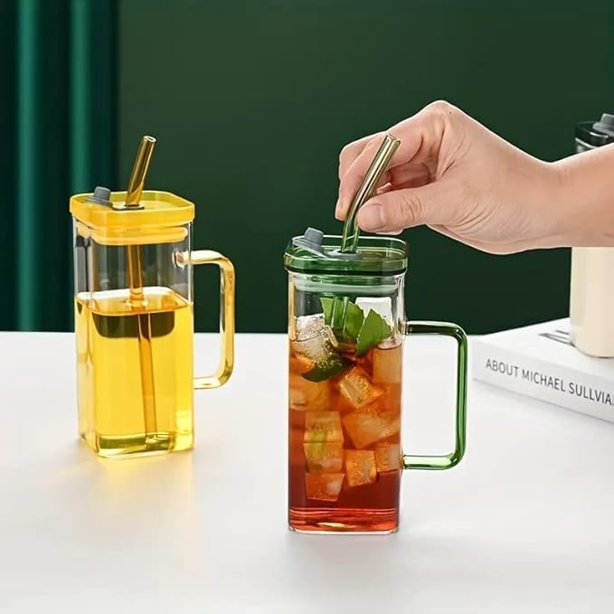 Image of 400ml Square Glass Sipper Tumbler with Lid & Straw - Reusable Can-Shaped Mug for Tea, Coffee, Juice, Milk, Fruit Drinks - Cute Glass Cup for Home, Office - Random Colour - Pack of 1