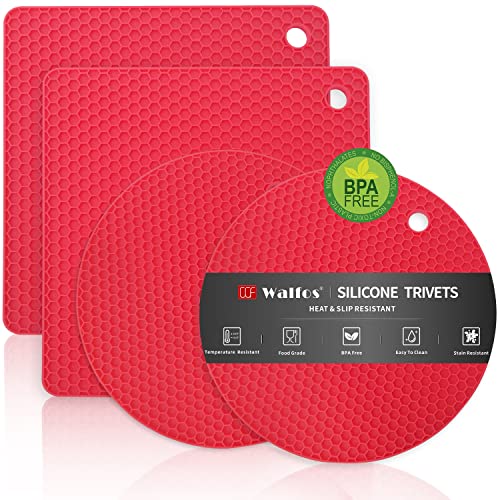Image of Walfos Silicone Trivet Mats - 4 Heat Resistant Pot Holders, Multipurpose Non-Slip Hot Pads for Kitchen Potholders, Hot Dishers, Jar Opener, Spoon Holder, Food Grade and BPA Free (Red)