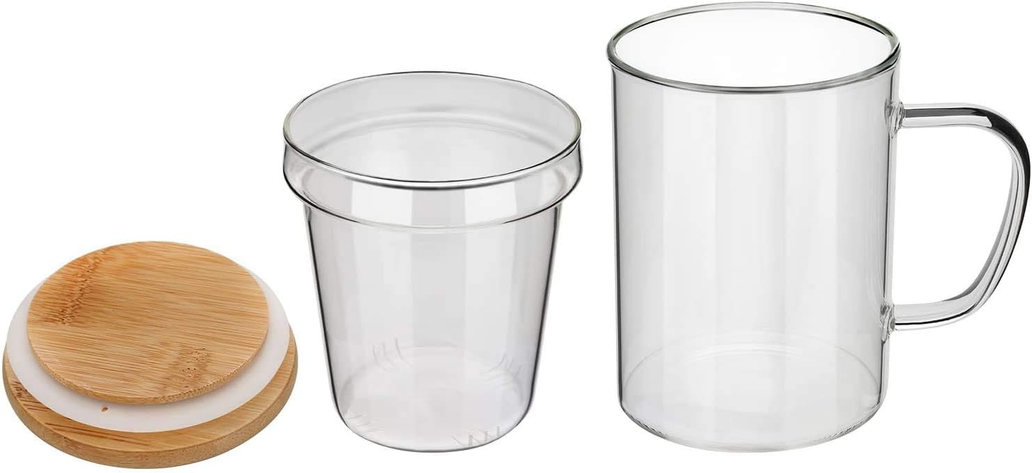 Tea Cup with Infuser and Bamboo Lid for Loose Tea Leaves. Glass Mug Best for Brewing of Flower and Green Tea. Borosilicate Glass. 15.2oz, Used as a Teapot or Teacup, Easy to Clean - Pack of 4