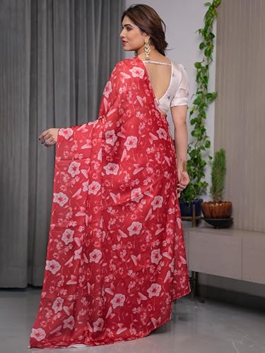 Image of ALMAARI FASHION Satin Georgette Floral Printed Saree with Blouse, 5.5 Meter Saree with 0.8 Meter Blouse, Traditional (SG 106 SH)