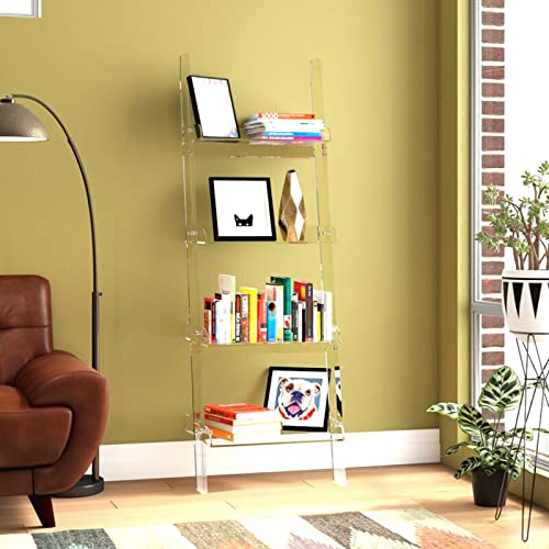 Acrylic Ladder Bookshelf, 4-Tier Clear Leaning Book Shelf, Large Unique Bookcase, Invisible Book Shelves, Storage Organizer Shelf For Bedroom, Living Room, Study Room, Office, 72"H X 21"W X 14"D #TOP7