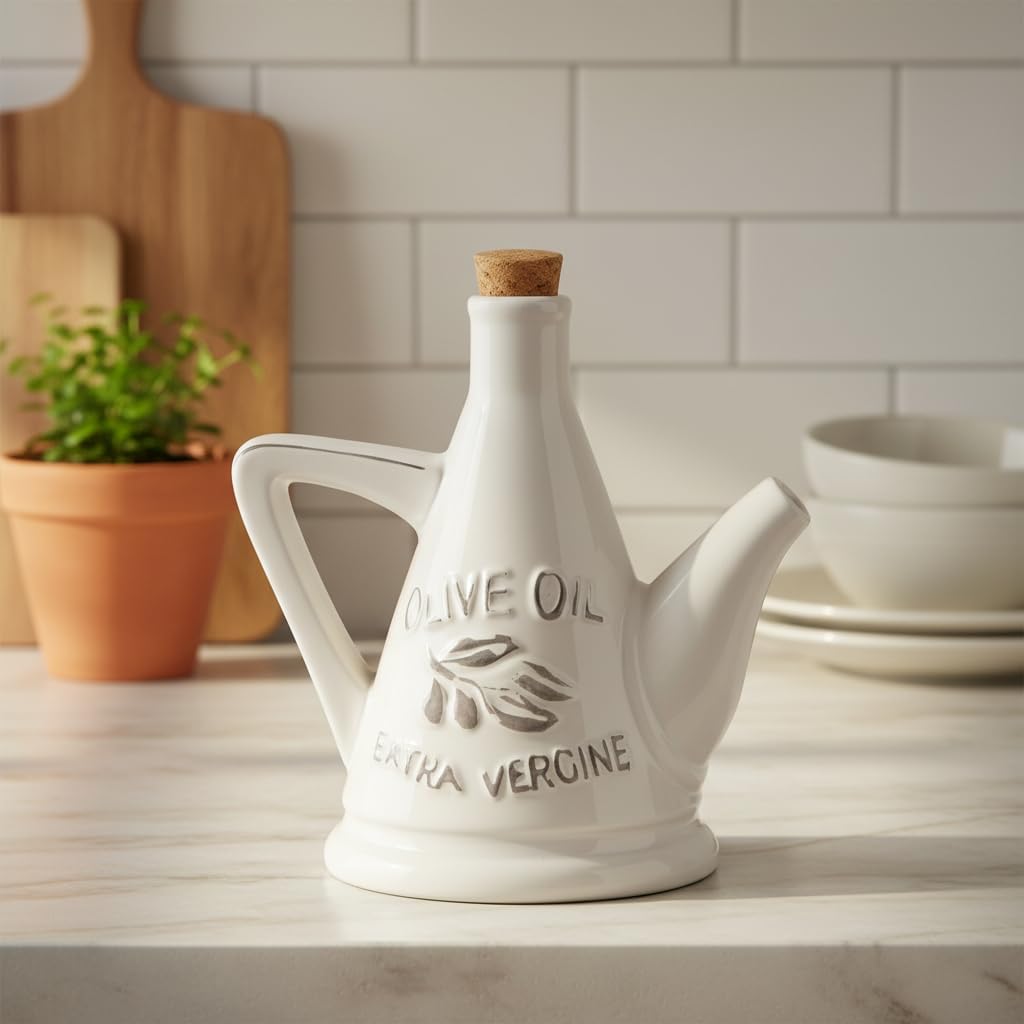 Urban Trends Ceramic 24 oz Pourer with Embossed Olive Design, Cork Lid & Handle – Distressed Gloss White Kitchen Container