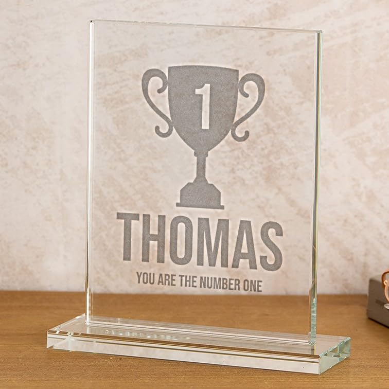 Wanapix | Trofeo Personalizado con Nombre y Texto | Cristal Grabado (Escala de Grises) | Premio Personalizado | Rectangular 12x19 cm | Incluye Estuche para Guardar | Primer Premio