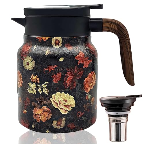 Botella de té con diseño floral vintage, jarra térmica de acero inoxidable de 1000 ml con infusor integrado, olla de bebida caliente con tapa para té, café y bebidas, perfecta para uso doméstico y de