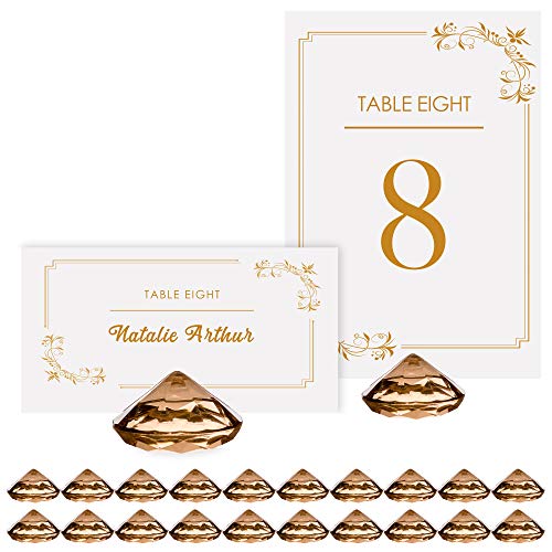 Pretty Display Gold Diamond Table Number & Place Card Holders - Set of 20 Sturdy Acrylic Luxe-Gold Translucent Name Card Holders, Perfect for Your Wedding & Party