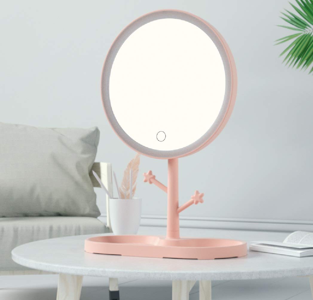Lusterko kosmetyczne, Lustro do makijażu LED z oświetleniem, damska lampa miejscem przechowywania, obrotowe lustro na biurko, okrągłe lusterka kosmetyczne(Pink)