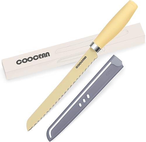 COOCLAN Cuchillo para pan, cuchillo de pan dentado de 8 pulgadas con borde dentado ondulado ancho afilado, acero de alto carbono ultra afilado,