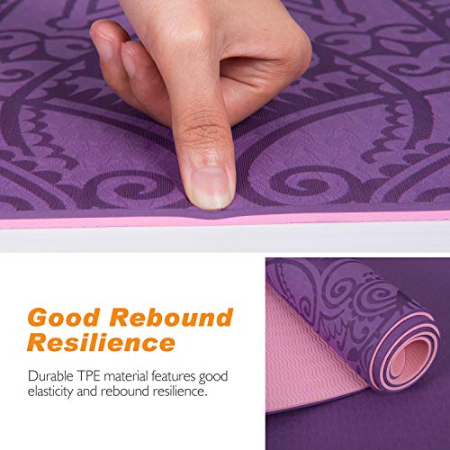 TOPLUS Body Alignment Yoga Mat - Pro Yoga Mat Eco Friendly Non Slip Fitness Exercise Mat with Carrying Strap-Workout Mat for Yoga, Pilates and Floor Exercises 1/4 Inch Thick for men women (Embossing purple)
