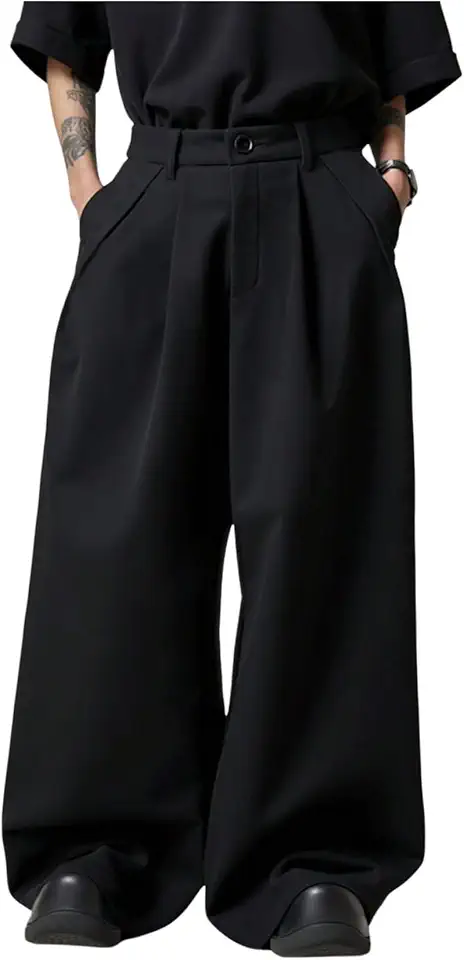 OYOANGLE Men's Baggy Wide Leg Pants Zipper Fly Pleated Work Casual Long Trousers with Pocket