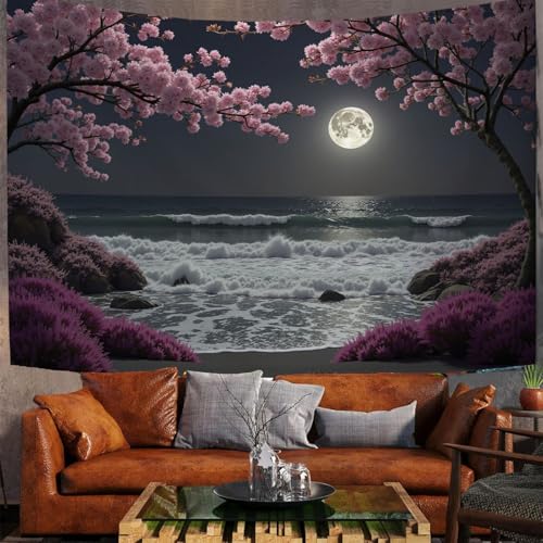Tapisserie murale lune et cerisiers MULERN 230x150 cm pour décoration de salon