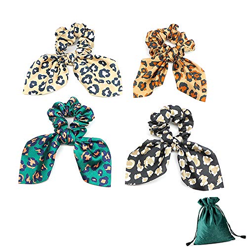 Hair Scrunchies with Leopard Print 4 Pcs Bow Hair Bands Elastic Hair Ties Hair Accessories Scrunchy Ponytail Holder for Women
